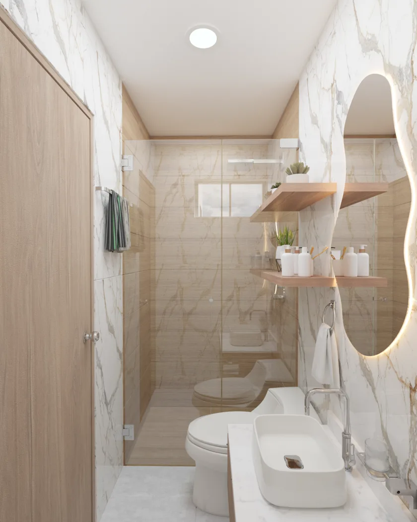 Baño moderno con revestimientos de mármol, iluminación LED perimetral y muebles flotantes premium