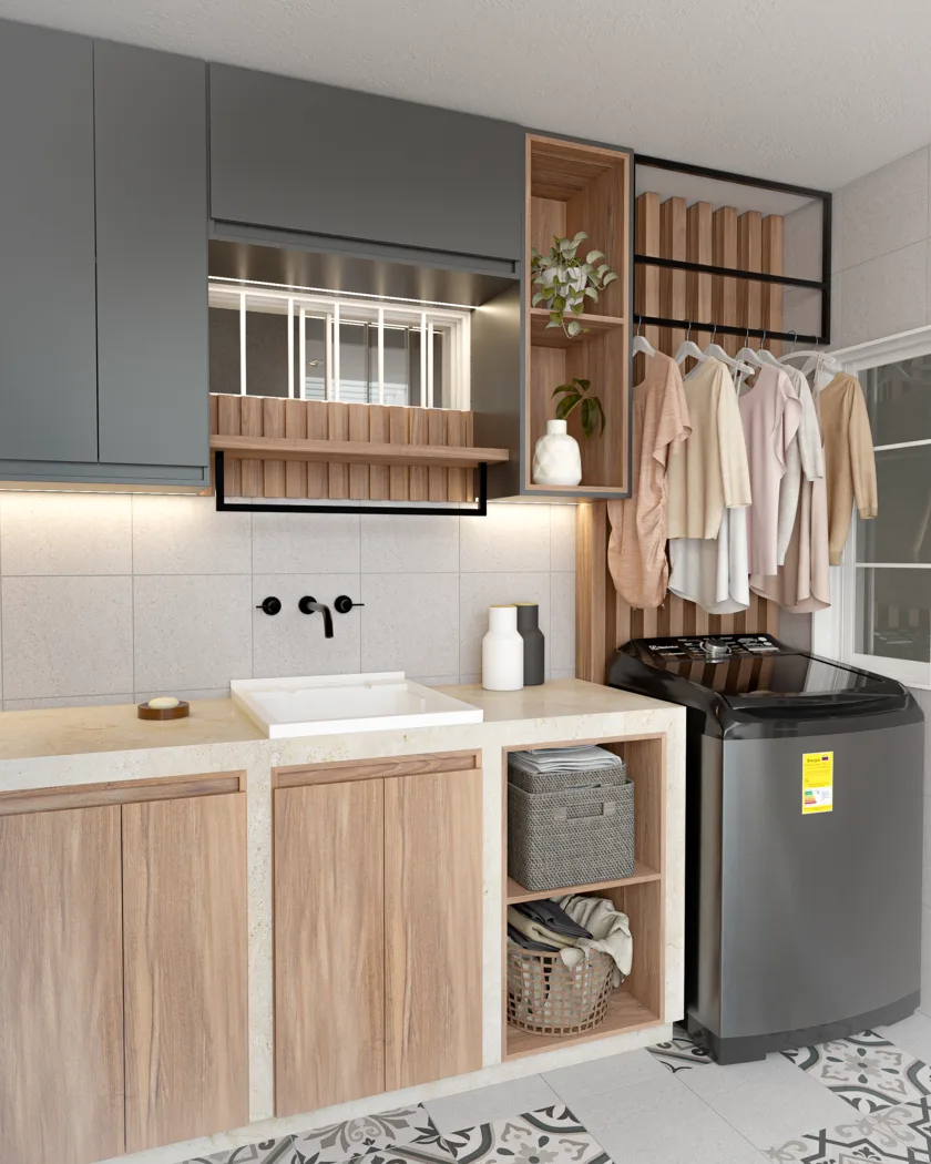 Cocina abierta con ventilación cruzada, encimeras resistentes al calor y diseño funcional para clima costero